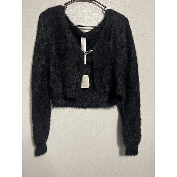 Fabletics Black Mini Crop Cardigan Fuzzy Sweater Women's Size Large NWT - Picture 1 of 5